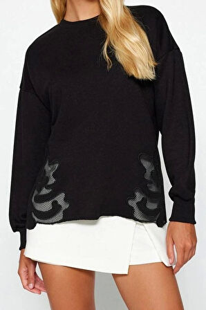 Kadın Moda Şık Relaxed Bisiklet Yaka Standart Kol Regular Basic İnce Aplike Detaylı Örme Sweatshirt