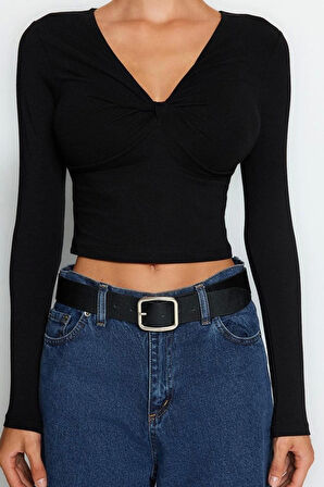 Kadın Moda Şık Regular V Yaka Slim Kalıp Örme Pamuklu Göğsü Büzgülü Fitted Vücuda Oturan Boy Bluz