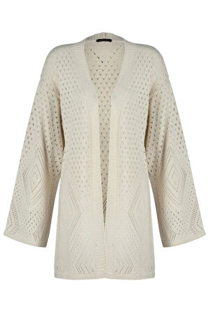 Kadın Moda Şık Midi V Yaka Uzun Kol Ajurlu Geniş Kalıp Midi Delikli Triko Hırka