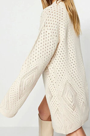 Kadın Moda Şık Midi V Yaka Uzun Kol Ajurlu Geniş Kalıp Midi Delikli Triko Hırka