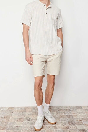 Erkek Moda Kısa Kol Dokuma Ekru Keten İçerikli Oversize Fit Gömlek