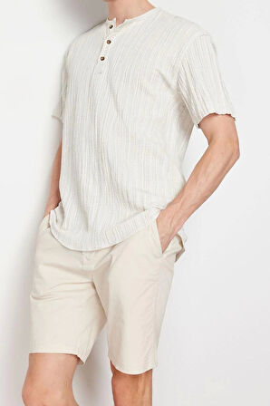 Erkek Moda Kısa Kol Dokuma Ekru Keten İçerikli Oversize Fit Gömlek