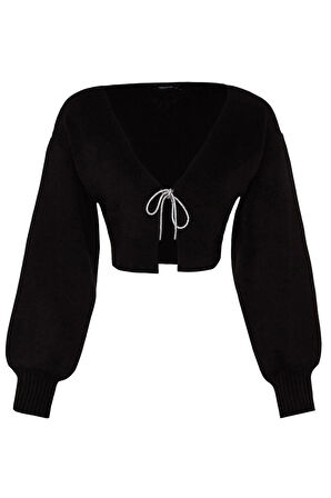 Kadın Moda Şık Crop V Yaka Uzun Kol Düz Süper Crop Basic Fiyonklu Triko Hırka