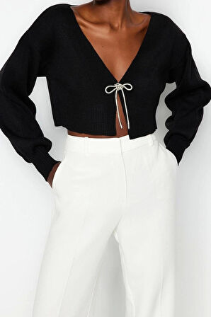 Kadın Moda Şık Crop V Yaka Uzun Kol Düz Süper Crop Basic Fiyonklu Triko Hırka