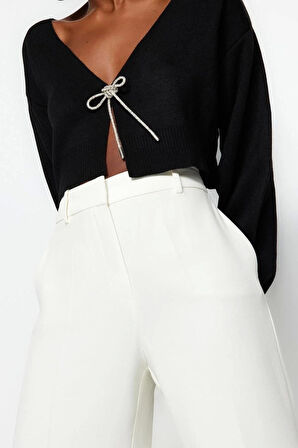 Kadın Moda Şık Crop V Yaka Uzun Kol Düz Süper Crop Basic Fiyonklu Triko Hırka