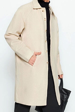 Unisex Moda Şık Regular Gömlek Yaka Uzun Düz Astarsız Regular Fit Yün Karışımlı Kaşe Kışlık Kaban