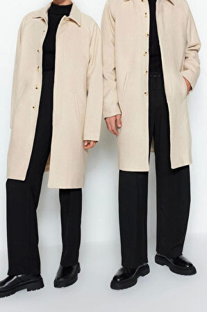 Unisex Moda Şık Regular Gömlek Yaka Uzun Düz Astarsız Regular Fit Yün Karışımlı Kaşe Kışlık Kaban