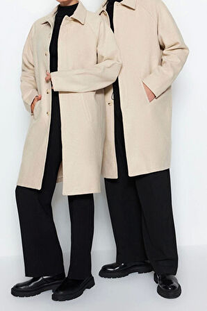 Unisex Moda Şık Regular Gömlek Yaka Uzun Düz Astarsız Regular Fit Yün Karışımlı Kaşe Kışlık Kaban
