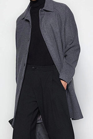 Unisex Moda Şık Regular Gömlek Yaka Uzun Düz Astarsız Regular Fit Yün Karışımlı Kaşe Kışlık Kaban