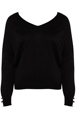 Kadın Büyük Beden Moda Şık Regular V Yaka Uzun Kol Düz Sırt Detaylı Triko Kazak