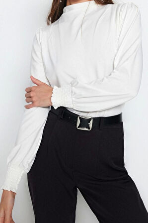 Kadın Moda Şık Üst Giyim Regular Dik Yaka Regular Kalıp Örme Fit Gipe Detaylı Esnek Bluz