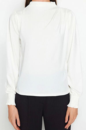 Kadın Moda Şık Üst Giyim Regular Dik Yaka Regular Kalıp Örme Fit Gipe Detaylı Esnek Bluz