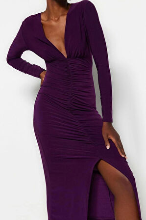 Kadın Moda Şık Midi Boy V Yaka Slim Düz Büzgülü Drapeli Fitted Vücuda Oturan Esnek Örme Elbise