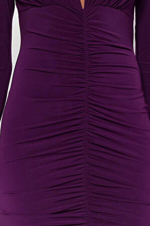 Kadın Moda Şık Midi Boy V Yaka Slim Düz Büzgülü Drapeli Fitted Vücuda Oturan Esnek Örme Elbise