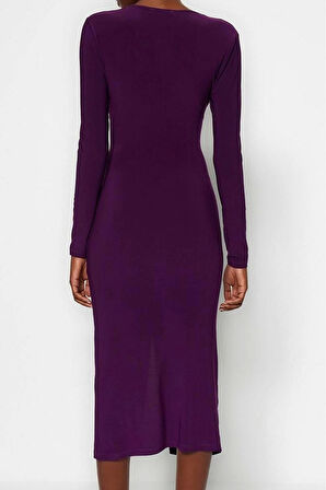 Kadın Moda Şık Midi Boy V Yaka Slim Düz Büzgülü Drapeli Fitted Vücuda Oturan Esnek Örme Elbise