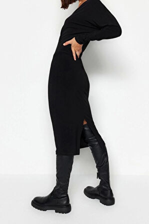 Yeni Slim Business Kalın Sandy Örme Kruvaze Uzun Kol Bodycone Midi Boy Elbise