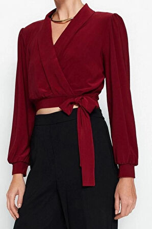 Kadın Moda Şık Üst Giyim Crop V Yaka Balon Kol Regular Kalıp Örme Kruvaze Kapamalı Esnek Bluz