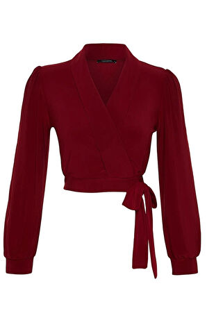 Kadın Moda Şık Üst Giyim Crop V Yaka Balon Kol Regular Kalıp Örme Kruvaze Kapamalı Esnek Bluz