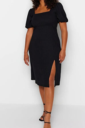 Yeni Slim Casual Günlük Bürümcük Örme Kare Yaka Kısa Kol A-Line Midi Boy Büyük Beden Elbise