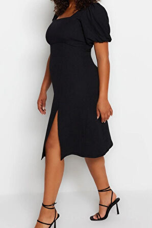 Yeni Slim Casual Günlük Bürümcük Örme Kare Yaka Kısa Kol A-Line Midi Boy Büyük Beden Elbise