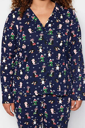 Büyük Beden Kadın Pamuk Polyester Gömlek Yaka Uzun Kol Gömlek Yaka Yılbaşı Temalı Örme Pijama Takımı