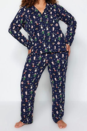 Büyük Beden Kadın Pamuk Polyester Gömlek Yaka Uzun Kol Gömlek Yaka Yılbaşı Temalı Örme Pijama Takımı