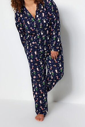 Büyük Beden Kadın Pamuk Polyester Gömlek Yaka Uzun Kol Gömlek Yaka Yılbaşı Temalı Örme Pijama Takımı