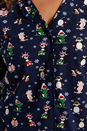 Büyük Beden Kadın Pamuk Polyester Gömlek Yaka Uzun Kol Gömlek Yaka Yılbaşı Temalı Örme Pijama Takımı