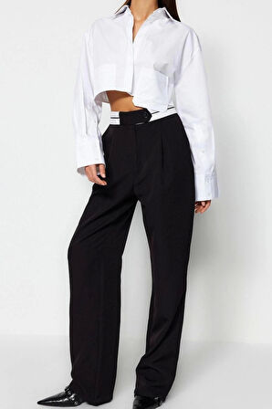 Kadın Yeni Moda Geniş Paça Uzun Boy Dokuma Wide Leg Geniş Paça Bel Detaylı Pantolon