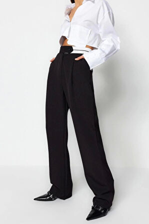 Kadın Yeni Moda Geniş Paça Uzun Boy Dokuma Wide Leg Geniş Paça Bel Detaylı Pantolon