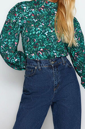 Kadın Moda Şık Üst Giyim Regular Dik Yaka Regular Kalıp Dokuma Desenli Bluz