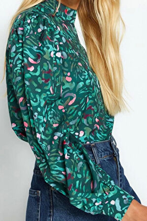 Kadın Moda Şık Üst Giyim Regular Dik Yaka Regular Kalıp Dokuma Desenli Bluz