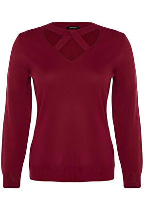 Kadın Büyük Beden Moda Şık Regular V Yaka Uzun Kol Düz Pencere Cut Out Detaylı Triko Kazak