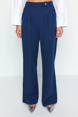 Kadın Yeni Moda Boru Paça Regular Boy Dokuma Wide Leg Geniş Paça Yüksek Bel Pantolon