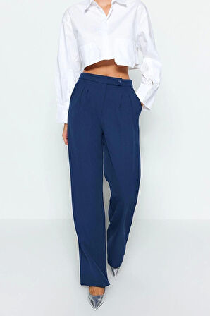 Kadın Yeni Moda Boru Paça Regular Boy Dokuma Wide Leg Geniş Paça Yüksek Bel Pantolon