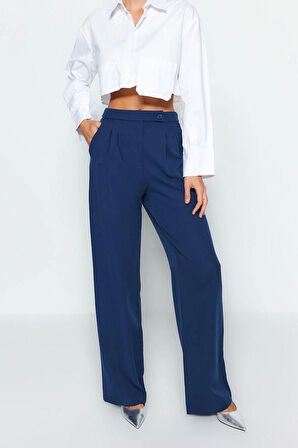 Kadın Yeni Moda Boru Paça Regular Boy Dokuma Wide Leg Geniş Paça Yüksek Bel Pantolon