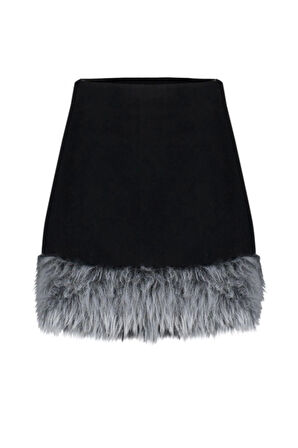 Kadın Moda Stil Mini Astarsız Dokuma Limited Edition Etek Ucu Peluş Detaylı Süper Mini Dokuma Etek
