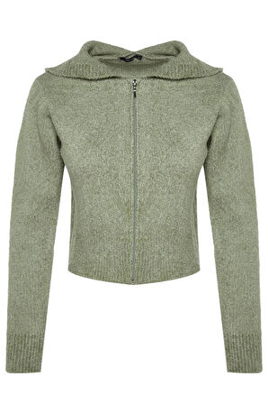 Kadın Moda Şık Crop Kapüşonlu Regular Crop Kapüşonlu Buklet Triko Hırka