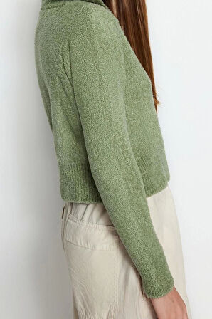 Kadın Moda Şık Crop Kapüşonlu Regular Crop Kapüşonlu Buklet Triko Hırka