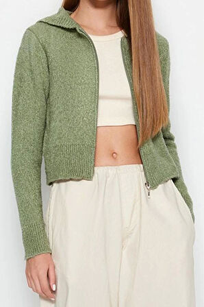 Kadın Moda Şık Crop Kapüşonlu Regular Crop Kapüşonlu Buklet Triko Hırka