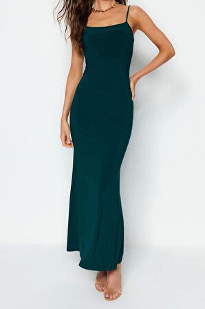 Yeni Slim Gündüz Gece Kalın Sandy Örme Kare Yaka Askılı Kol Bodycone Maxi Boy Elbise