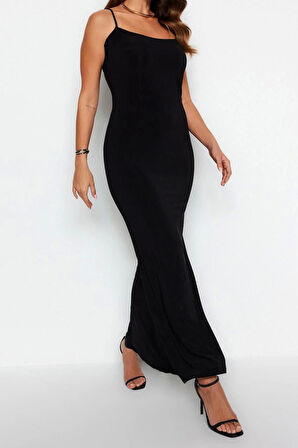 Yeni Slim Gündüz Gece Kalın Sandy Örme Kare Yaka Askılı Kol Bodycone Maxi Boy Elbise