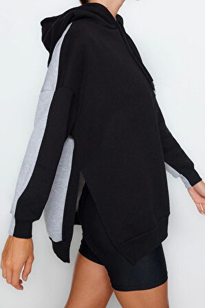 Kadın Moda Şık Oversize Kapüşonlu Düşük Kol Uzun Geniş Kalıp İçi Polarlı Örme Spor Sweatshirt