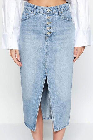 Kadın Moda Stil Midi Astarsız Denim Önden Düğmeli Yırtmaçlı Midi Denim Etek
