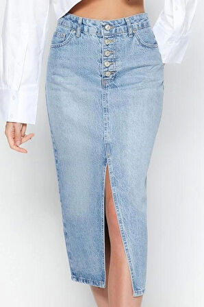 Kadın Moda Stil Midi Astarsız Denim Önden Düğmeli Yırtmaçlı Midi Denim Etek