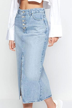 Kadın Moda Stil Midi Astarsız Denim Önden Düğmeli Yırtmaçlı Midi Denim Etek