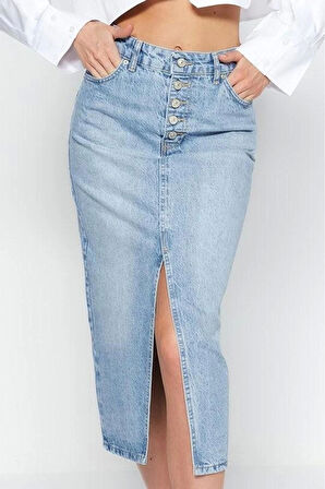 Kadın Moda Stil Midi Astarsız Denim Önden Düğmeli Yırtmaçlı Midi Denim Etek