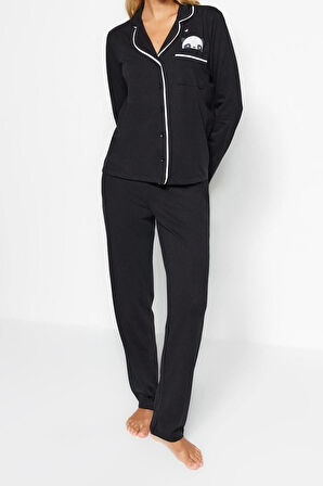 Kadın Moda Şık Gömlek Yaka Boru Paça Uzun Kol Pamuklu Panda Baskılı Örme Pijama Takımı