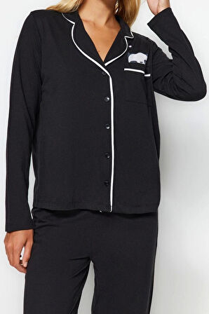 Kadın Moda Şık Gömlek Yaka Boru Paça Uzun Kol Pamuklu Panda Baskılı Örme Pijama Takımı
