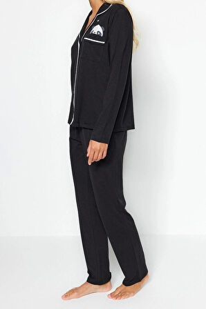 Kadın Moda Şık Gömlek Yaka Boru Paça Uzun Kol Pamuklu Panda Baskılı Örme Pijama Takımı